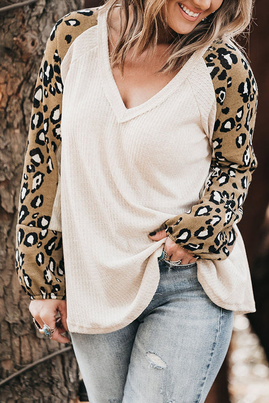Beige Plus Size Waffle Knit Contrast Leopard Long Sleeve Top